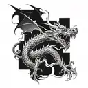 An abstract minimalist interpretation of a dragon emerging from a Japanese temple, blending the mystical and the serene tattoo design idea