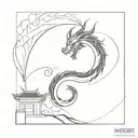 An abstract minimalist interpretation of a dragon emerging from a Japanese temple, blending the mystical and the serene tattoo design idea