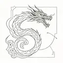 An abstract minimalist interpretation of a dragon emerging from a Japanese temple, blending the mystical and the serene tattoo design idea