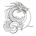 An abstract minimalist interpretation of a dragon emerging from a Japanese temple, blending the mystical and the serene tattoo design idea