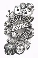 casino themed sleeve tattoo featuring, welcome to Las Vegas sign, roulette wheel, craps, casino chips, playing cards tattoo design idea