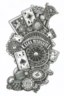casino themed sleeve tattoo featuring, welcome to Las Vegas sign, roulette wheel, craps, casino chips, playing cards tattoo design idea