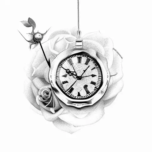 damaged clock with roses and locket tattoo design idea