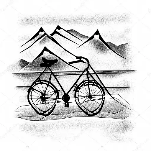 touring bicicly with bags with a landscape mountains tattoo design idea