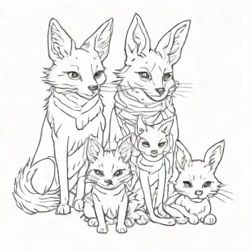 Animal family of four. dad dog, bunny mom, fox girl and cat girl tattoo design idea