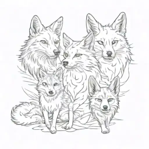 Four animals. happy old dog, woman wolf, little fox and little bunny. tattoo design idea