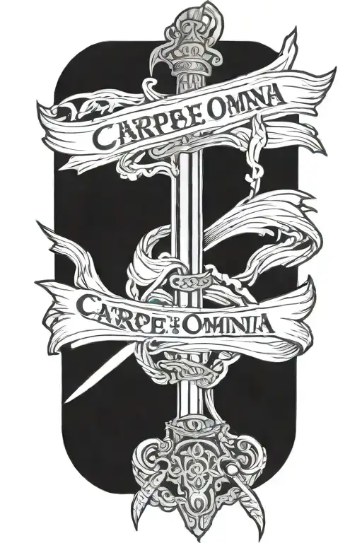 words carpe omnia with sword tattoo design idea