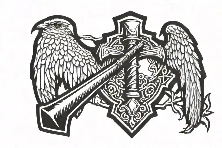 pickaxe, shovel, falcon soaring tattoo design idea