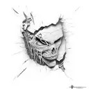ripped cracked skin, brick wall inside  tattoo design idea