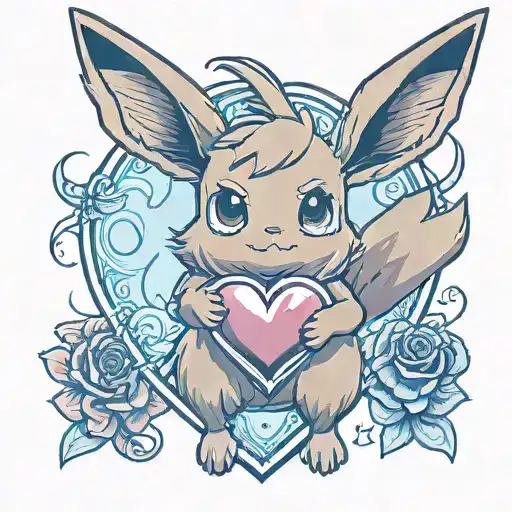 Eevee holding a giant heart shape tattoo design idea