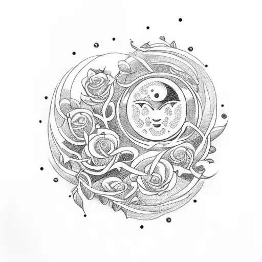 sun and moon with flower vines and roses with stars  tattoo design idea
