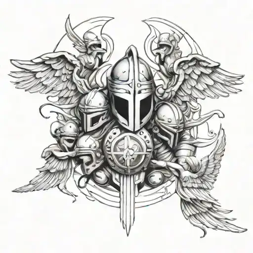 sparta helmet behind a group of angels flyng in sun tattoo design idea