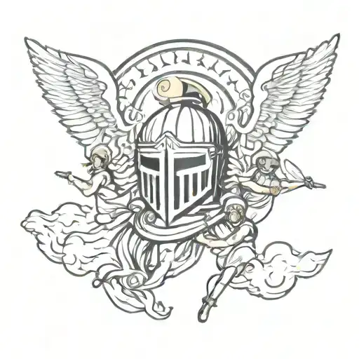 sparta helmet behind a group of angels flyng in sun tattoo design idea