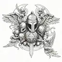 sparta helmet behind a group of angels flyng in sun tattoo design idea