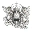 sparta helmet behind a group of angels flyng in sun tattoo design idea