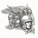 sparta helmet behind a group of angels flyng in sun tattoo design idea