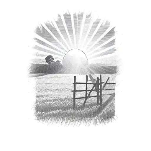 sunset with sunrays coming off, over a pasture with a wooden fence and a cowboy hat hanging on the wooden fence tattoo design idea