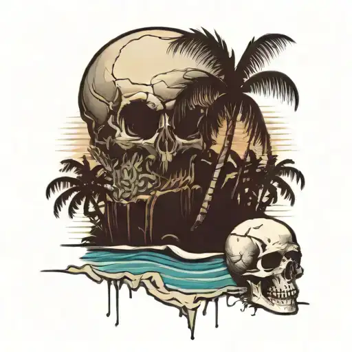 Atoll with a single palm tree and a glitching skull  tattoo design idea