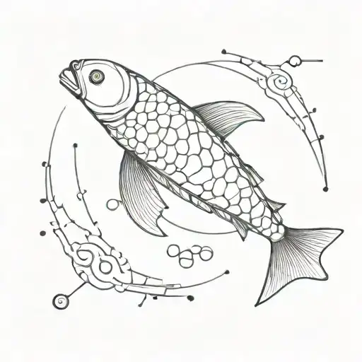 A futuristic cybernetic koi fish swimming among circuit patterns and binary code tattoo design idea