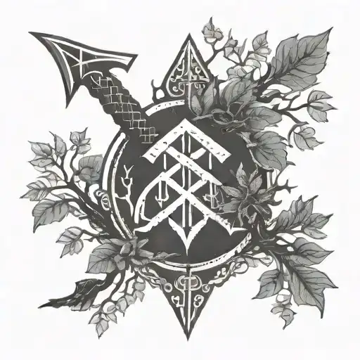 Create a minimalist tattoo design featuring a single Viking artefact, such as a rune-inscribed axe, set against the backdrop of Yggdrasil's branches tattoo design idea
