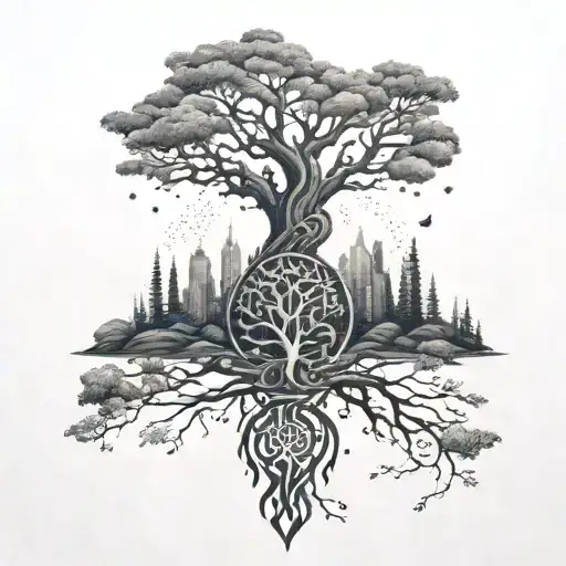 Design a tattoo that combines the imagery of Yggdrasil with Viking runes spelling out a meaningful phrase or mantra related to strength and resilience tattoo design idea
