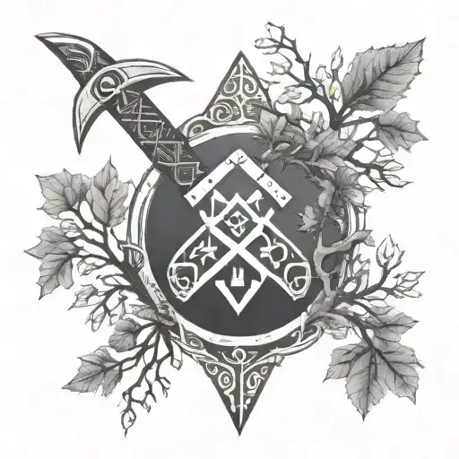 Create a minimalist tattoo design featuring a single Viking artefact, such as a rune-inscribed axe, set against the backdrop of Yggdrasil's branches tattoo design idea