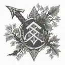 Create a minimalist tattoo design featuring a single Viking artefact, such as a rune-inscribed axe, set against the backdrop of Yggdrasil's branches tattoo design idea