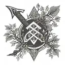 Create a minimalist tattoo design featuring a single Viking artefact, such as a rune-inscribed axe, set against the backdrop of Yggdrasil's branches tattoo design idea