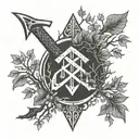 Create a minimalist tattoo design featuring a single Viking artefact, such as a rune-inscribed axe, set against the backdrop of Yggdrasil's branches tattoo design idea