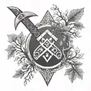 Create a minimalist tattoo design featuring a single Viking artefact, such as a rune-inscribed axe, set against the backdrop of Yggdrasil's branches tattoo design idea
