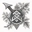 Create a minimalist tattoo design featuring a single Viking artefact, such as a rune-inscribed axe, set against the backdrop of Yggdrasil's branches tattoo design idea