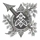 Create a minimalist tattoo design featuring a single Viking artefact, such as a rune-inscribed axe, set against the backdrop of Yggdrasil's branches tattoo design idea