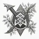 Create a minimalist tattoo design featuring a single Viking artefact, such as a rune-inscribed axe, set against the backdrop of Yggdrasil's branches tattoo design idea