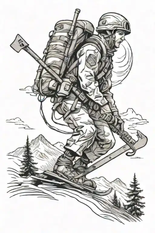 A surreal tattoo of a soldier from World War II skiing down a mountain slope with a guitar strapped to their back tattoo design idea