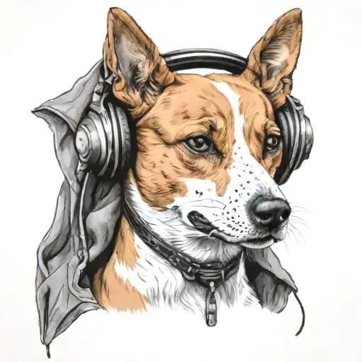 basenji dog wearing headphones tattoo design idea