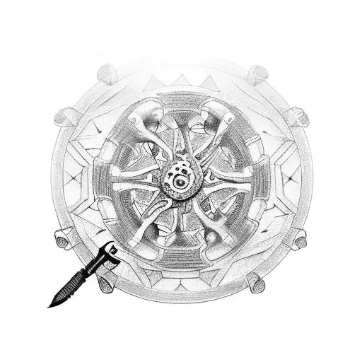 A motorcycle wheel made of intricate gun and knife handles tattoo design idea