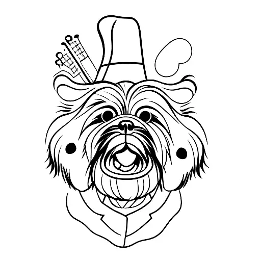 Shi tzu wearing a suit portrait with a banjo underneath the portrait   tattoo design idea
