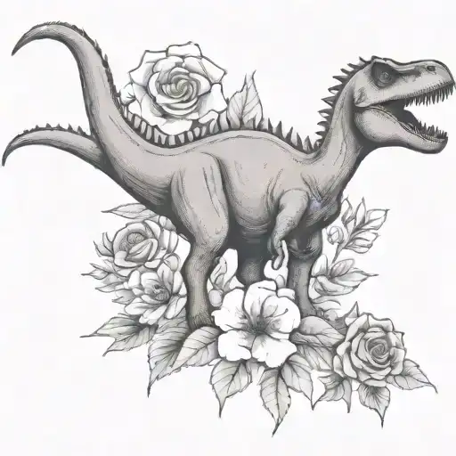 dinosaur and flower tattoo design idea
