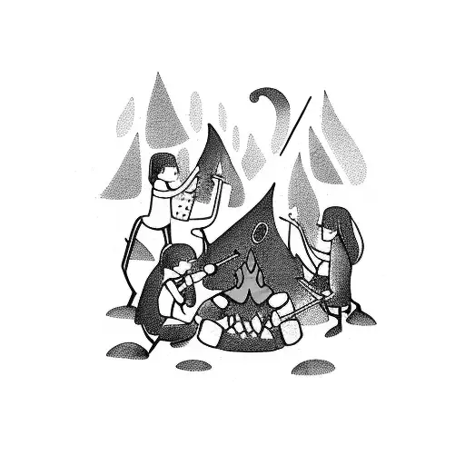 A group of friends playing instruments around a campfire in the wilderness tattoo design idea