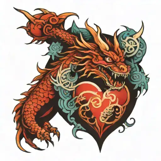 Japanese dragon with anatomical heart and solar  circular rays at each end tattoo design idea