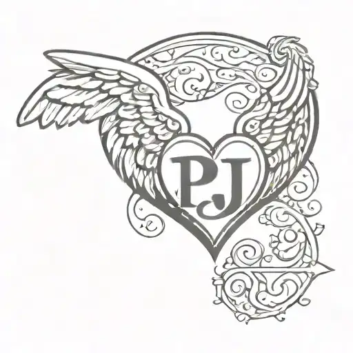heart with the letters P and J inside with a halo above the heart and angel wings  tattoo design idea