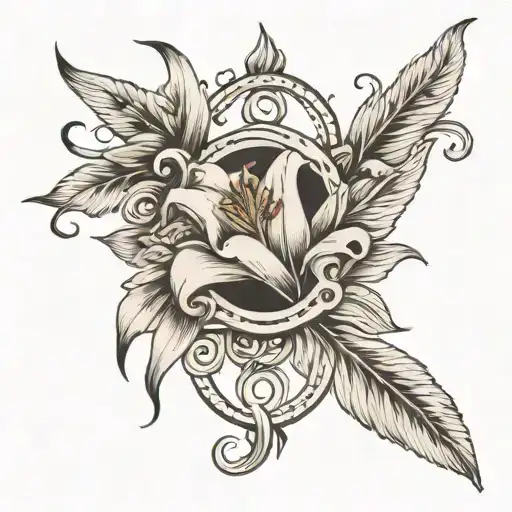 A traditional style tattoo featuring an intricate design of lilies and feathers intertwined with an infinity symbol to represent your holistic approach to life tattoo design idea