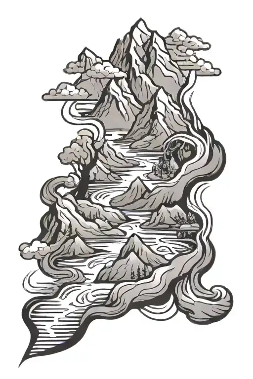 mountains and streams arm sleeve tattoo design idea