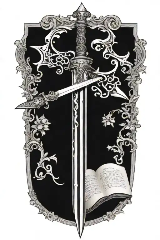 one sword with no background, the hilt or handle is a book that morphs into the blade tattoo design idea