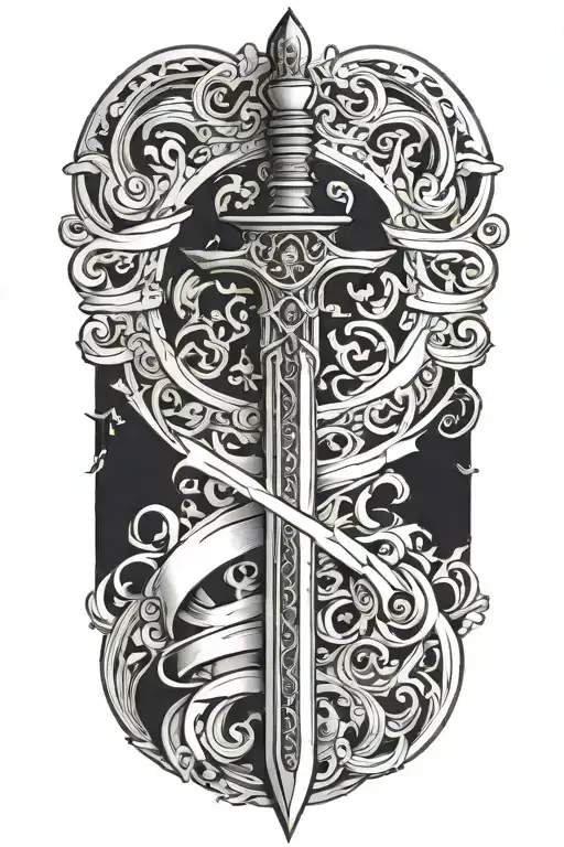 one sword with no background, the hilt or handle is a book that morphs into the blade tattoo design idea