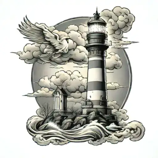 lighthouse shining in storm clouds tattoo design idea