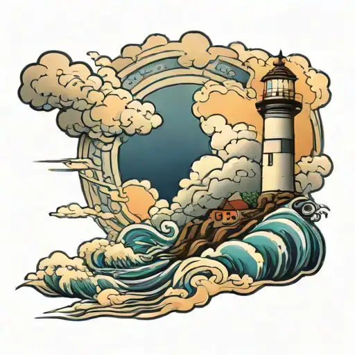 lighthouse shining in storm clouds tattoo design idea