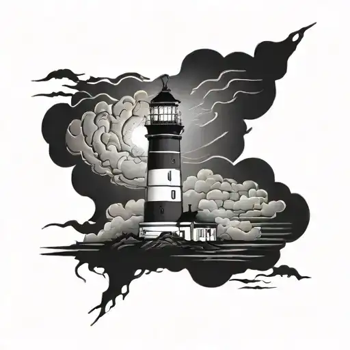 lighthouse shining in storm clouds tattoo design idea