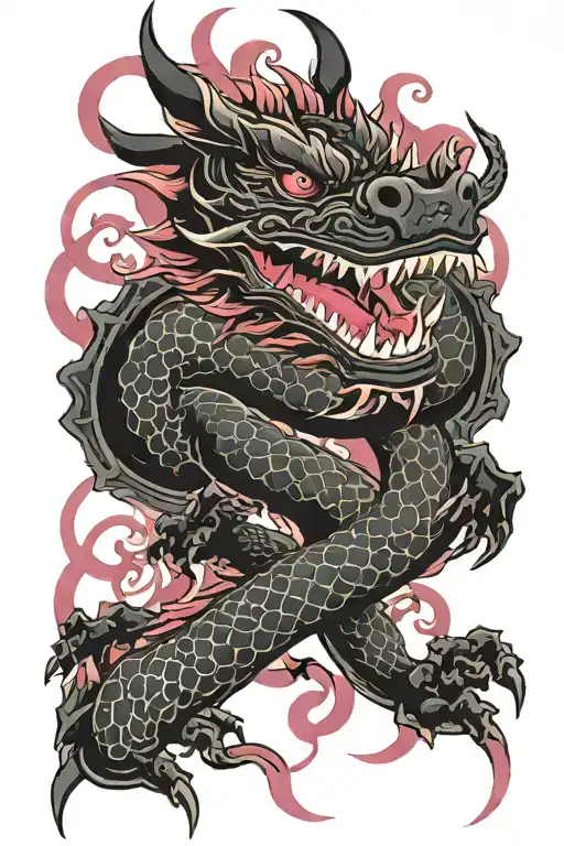 dragon for hip up to ribs, black and white with pink or red accents tattoo design idea
