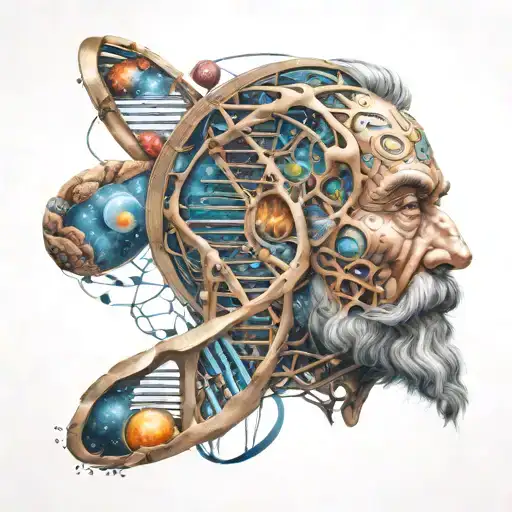 Philosopher pondering the mysteries of the universe with a DNA double helix intertwined in the background tattoo design idea